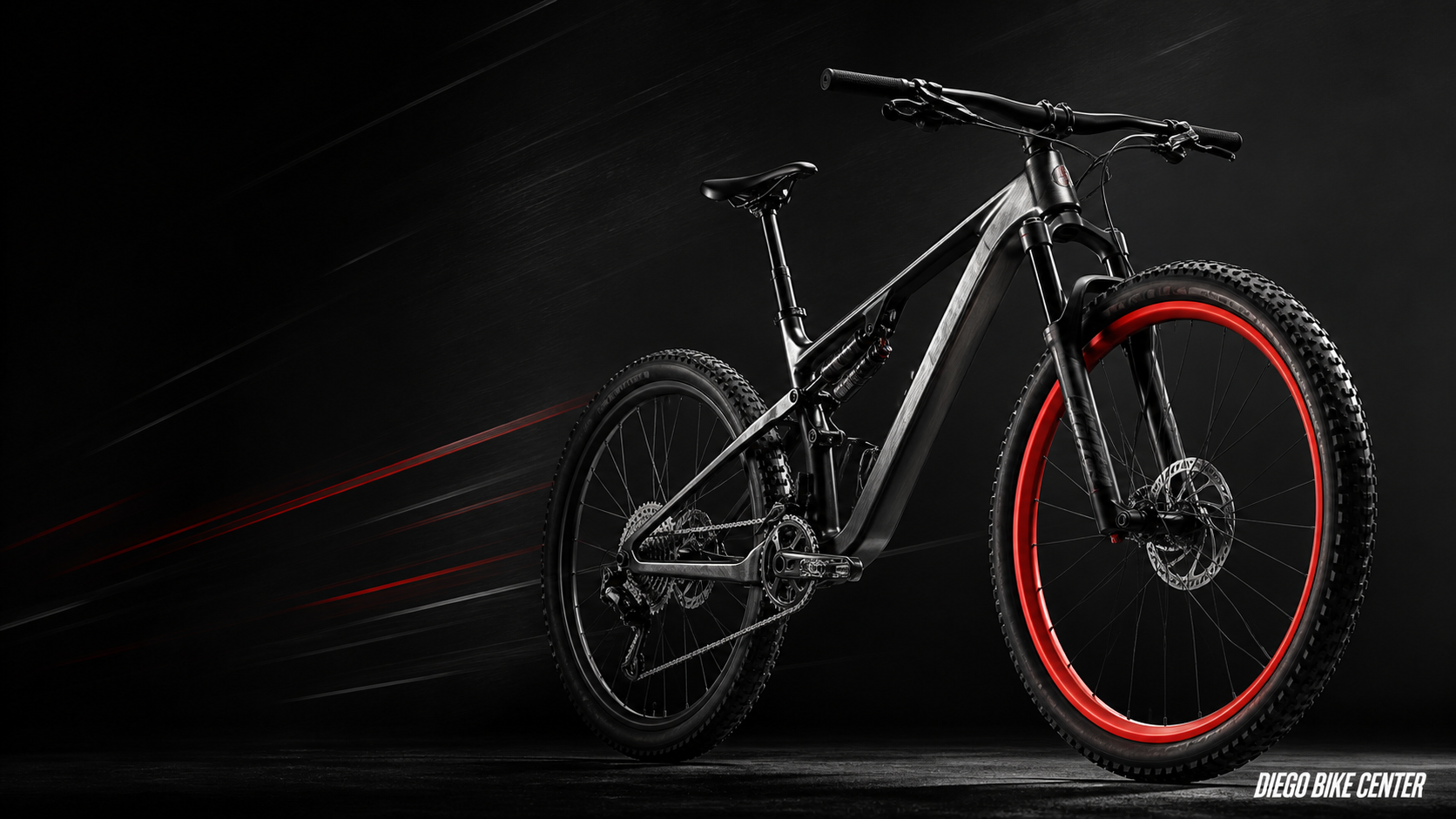 Mountain bike preta com aro vermelho em estúdio